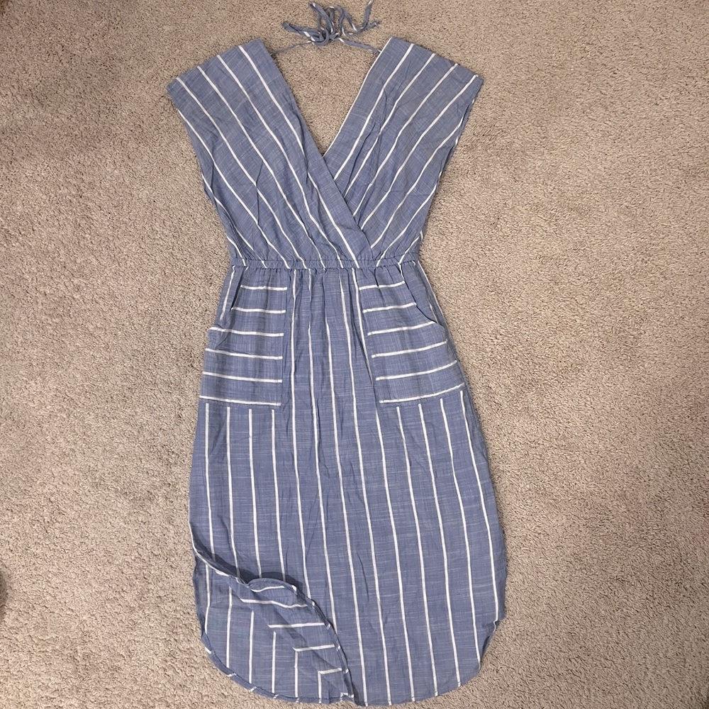 Universal Thread Linen chambray faux wrap striped midi v neck dress — small